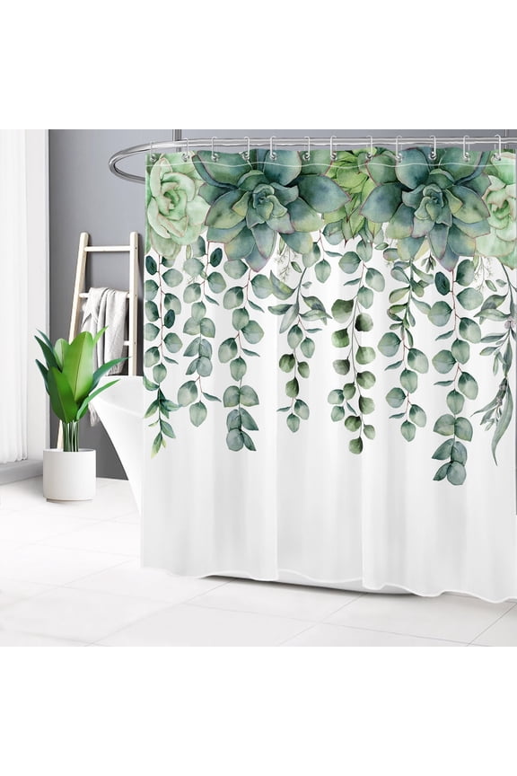 Eucalyptus Leaf Shower Curtain with Hooks, Green Succulent Botanical Shower Curtain for Bathroom Polyester Washable 69" x 70"
