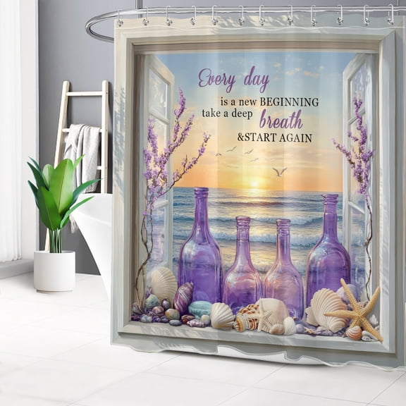 HVEST Summer Beach Coastal Shower Curtain with Inspirational Quotes and Purple Vase Floral Design - Starfish Seashell Bathroom Decor, Waterproof Polyester Fabric, Includes 12 Hooks, 72x78 Inches