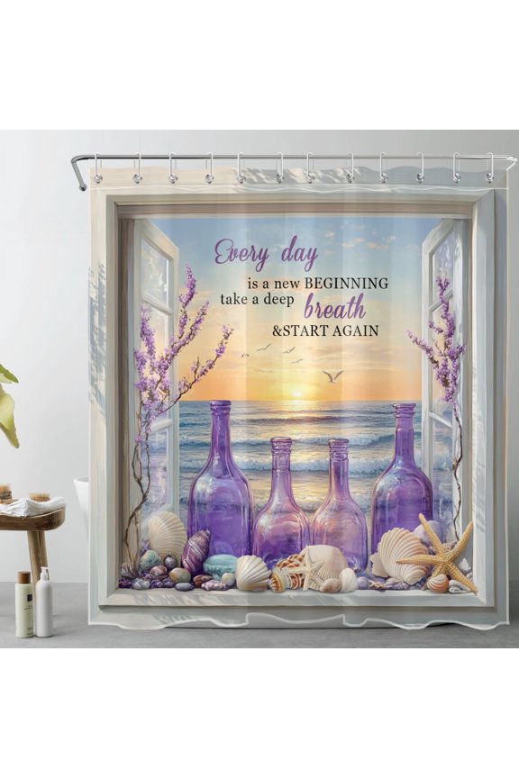 Summer Beach Coastal Shower Curtain Inspirational Quotes and Purple Floral Shower Curtain - Starfish Seashell Bathroom Decor, Waterproof Polyester Fabric, Includes 12 Hooks, 72x72 Inches