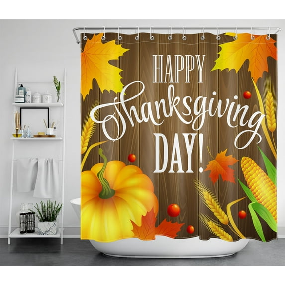 HVEST Thanksgiving Shower Curtain Autumn Shower Curtains, Fall Theme Pumpkin Maple Leaves and Corn on Rustic Wood Planks Farmhouse Bathroom Decor with Hooks, Waterproof Fabric Bath Curtain, 69x70 Inch