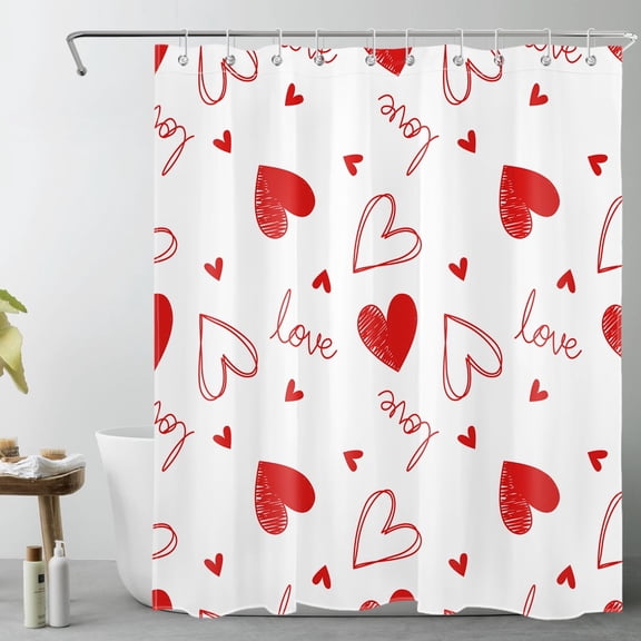 HVEST Valentines Day Shower Curtain, Red Sweet Love Heart on White Shower Curtain - Romantic Valentine's Day Bathroom Decor, Waterproof Polyester Fabric, Includes 10 Hooks, 60x72 Inches