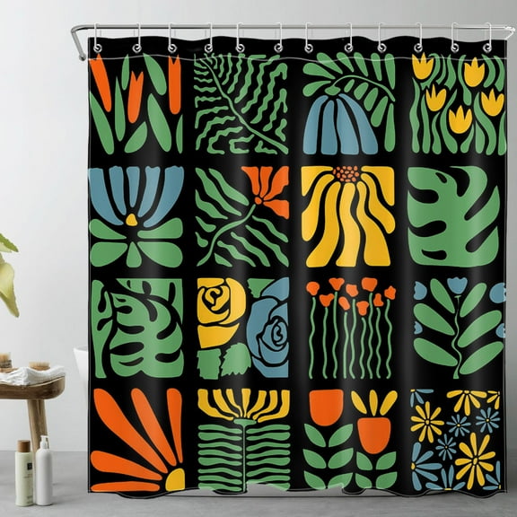 HVEST Vintage Abstract Floral Shower Curtain with Retro Boho Geometric Flower Design - Black Green Botanical Bathroom Decor, Waterproof Polyester Fabric, Includes 12 Hooks, 72x72 Inches