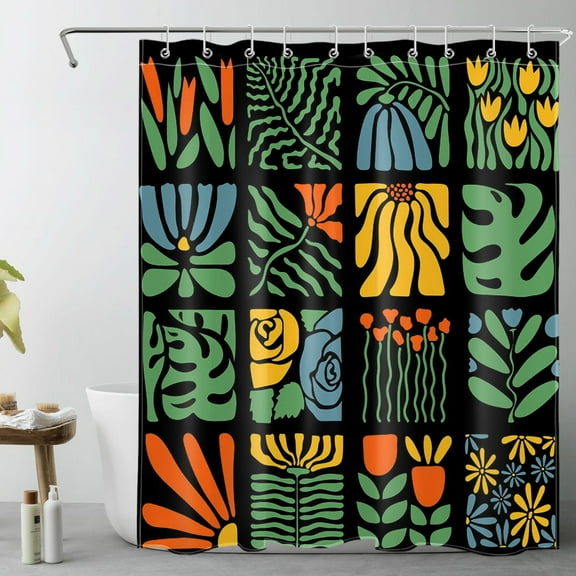 HVEST Vintage Abstract Floral Shower Curtain with Retro Boho Geometric Flower Design - Black Green Botanical Bathroom Decor, Waterproof Polyester Fabric, Includes 10 Hooks, 60x72 Inches