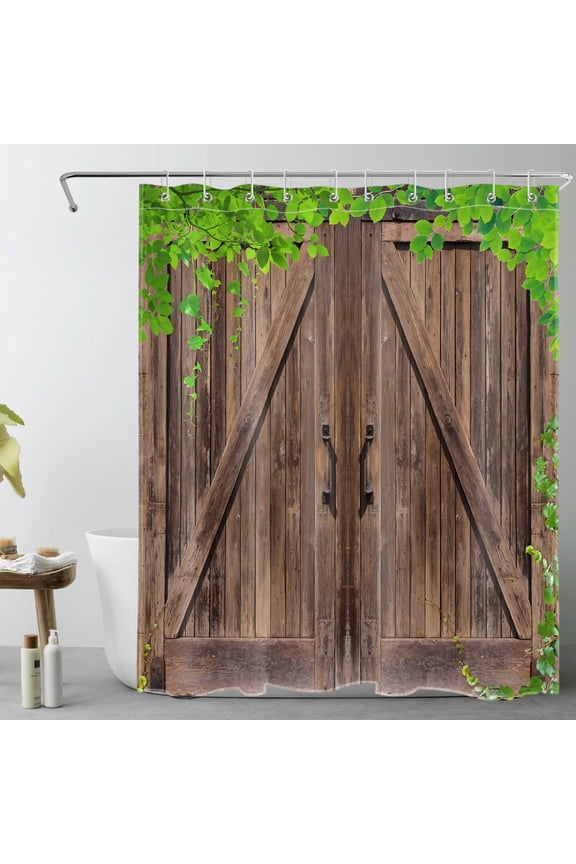 Vintage Barn Door Shower Curtain with Western Brown Barn Door with Green Leaf Design - Retro Farmhouse Bathroom Decor, Waterproof Polyester Fabric, Includes 10 Hooks, 60x72 Inches