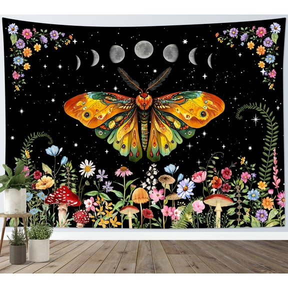 HVEST Vintage Butterfly Floral Tapestry Wall Hanging Moon Phase and Wildflower Mushroom Wall Tapestry for Bedroom Botanical Plant Tapestry for Living Room College Dorm Home Decor,80x60 inch