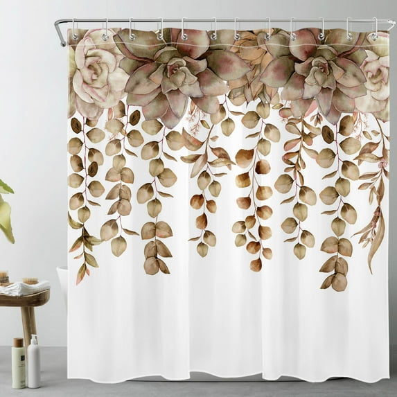 HVEST Vintage Eucalyptus Leaf Shower Curtain, Brown Leaf Watercolor Shower Curtain - Succulent Plant Bathroom Decor, Waterproof Polyester Fabric, Includes 12 Hooks, 72x72 Inches