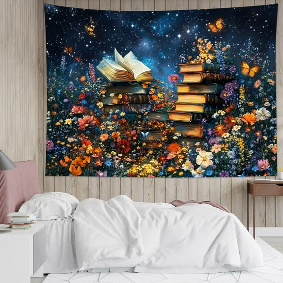HVEST Vintage Floral Plant Tapestry Wall Hanging Fantasy Wildflower Butterfly and Books Wall Tapestry for Bedroom Galaxy Starry Sky Tapestry for Living Room College Dorm Home Decor,60x40 inch