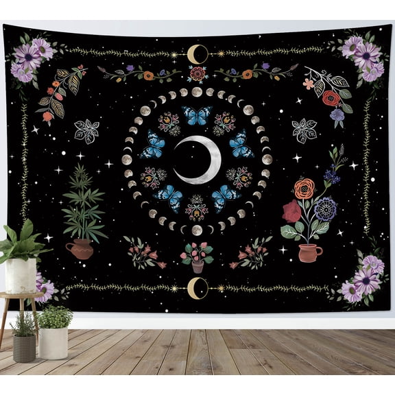 HVEST Vintage Floral Plant Tapestry Wall Hanging Moon Phase Flower Butterfly Wall Tapestry for Bedroom Boho Black Aesthetic Tapestry for Living Room College Dorm Home Decor,80x60 inch