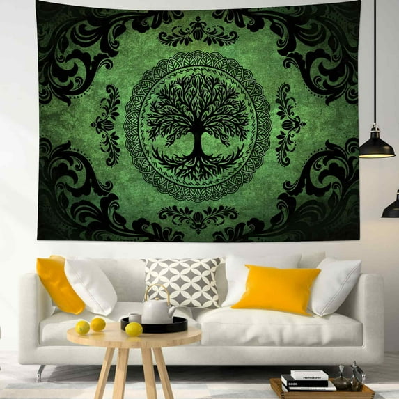 HVEST Vintage Green Mandala Tapestry Wall Hanging Boho Modern Aesthetic Wall Tapestry for Bedroom Black and Green Tapestry for Living Room College Dorm Home Decor,59x51 inch