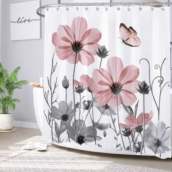HVEST Vintage Pink Floral Shower Curtain, Pink Butterfly and Watercolor Flower Shower Curtain - Pink and Gray Bathroom Decor, Waterproof Polyester Fabric, Includes 12 Hooks, 72x78 Inches