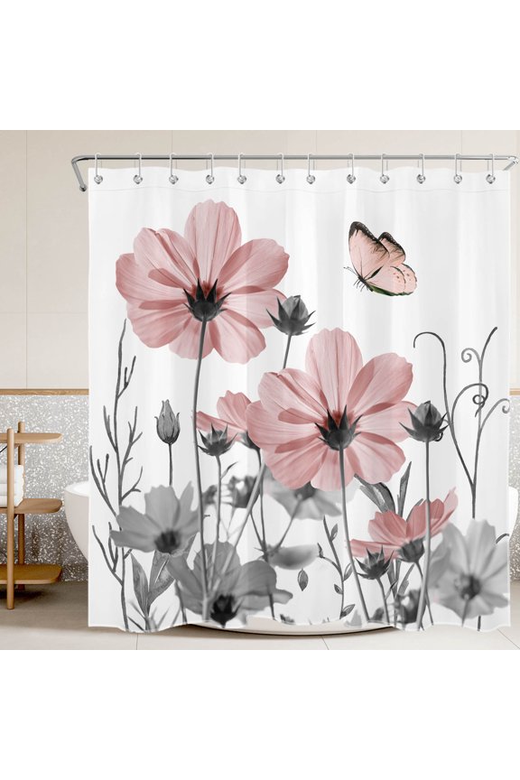 Vintage Pink Floral Shower Curtain, Pink Butterfly and Watercolor Flower Shower Curtain - Pink and Gray Bathroom Decor, Waterproof Polyester Fabric, Includes 12 Hooks, 72x72 Inches