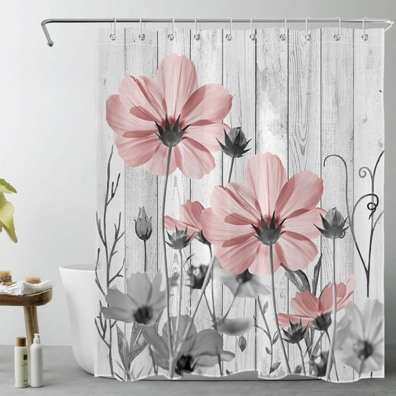 HVEST Vintage Pink Flower Shower Curtain,Watercolor Floral Grey Wood Plank Bathroom Shower Curtain Plant Polyester Fabric Decor Curtain with Hooks, 60X72 inch