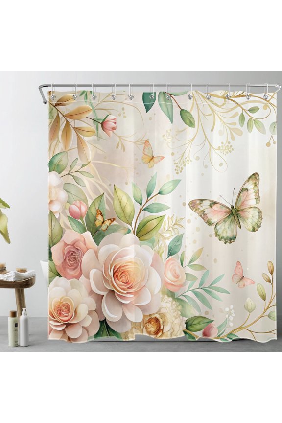 Watercolor Floral Butterfly Shower Curtain with Rustic Pink Flower Plant Design - Nature Botanical Butterfly Bathroom Decor, Waterproof Polyester Fabric, Includes 12 Hooks, 72x72 Inches