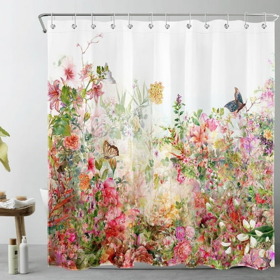 HVEST Rustic Floral Plant Shower Curtain with Pink Flower and Butterfly Design - Watercolor Wildflower Bathroom Decor, Waterproof Polyester Fabric, Includes 12 Hooks, 72x78 Inches