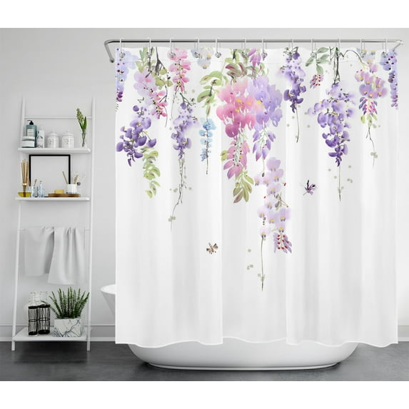 HVEST Watercolor Floral Shower Curtain Decor, Purple Pink Vine Leaf Plants Flowers Green Leaves and Butterfly Dragonflies Shower Curtain Bathroom Polyester Fabric Decor Curtain with Hooks, 72X72 inch