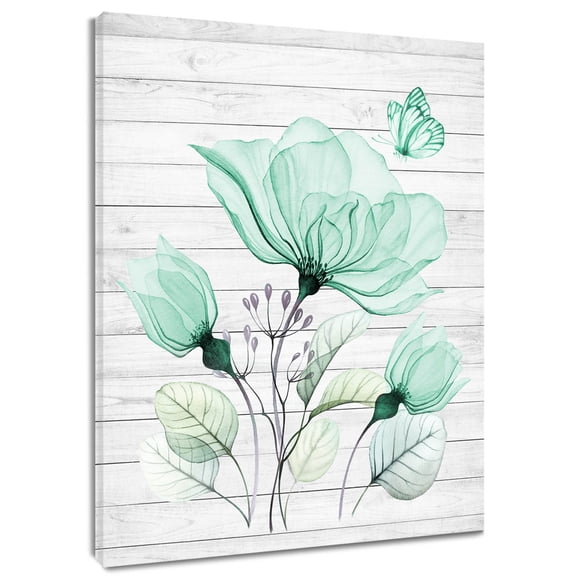 HVEST Watercolor Floral Wall Art Teal Flower Butterfly Plant Canvas Wall Art Vintage Gray Framed Wall Decor for Living Room Bedroom Home, 8 X 10 inches