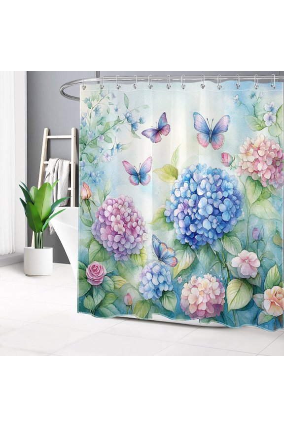 Watercolor Hydrangea Butterfly Shower Curtain with Blue Purple Hydrangea Floral Plant Design - Nature Botanical Bathroom Decor, Waterproof Polyester Fabric, Includes 12 Hooks, 72x78 Inches