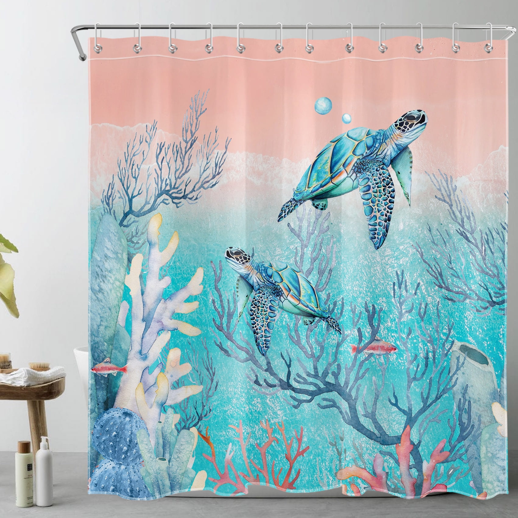 HVEST Watercolor Sea Teal Shower Curtain Teal Turtle and Fish in Colorful Coral Shower Curtain
