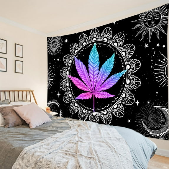 HVEST Weed Tapestry Black and White Boho Mandala Pattern Sun and Moon Wall Hanging Aesthetic Trippy Tapestries Funny Wall Decor for Bedroom Living Room College Dorm Party Poster Home Blanket 92.5X70.9