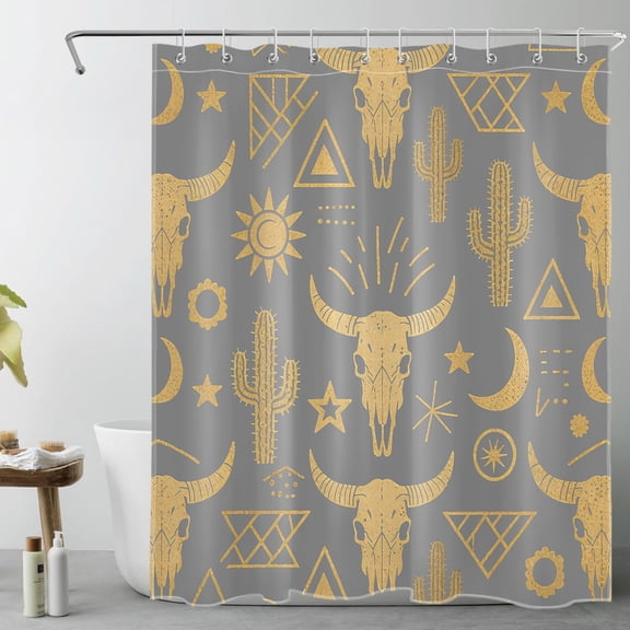 HVEST Western Aztec Cow Skull Shower Curtain with Boho Cactus and Bull Skull Design - Grey and Gold Bathroom Decor, Waterproof Polyester Fabric, Includes 10 Hooks, 60x72 Inches