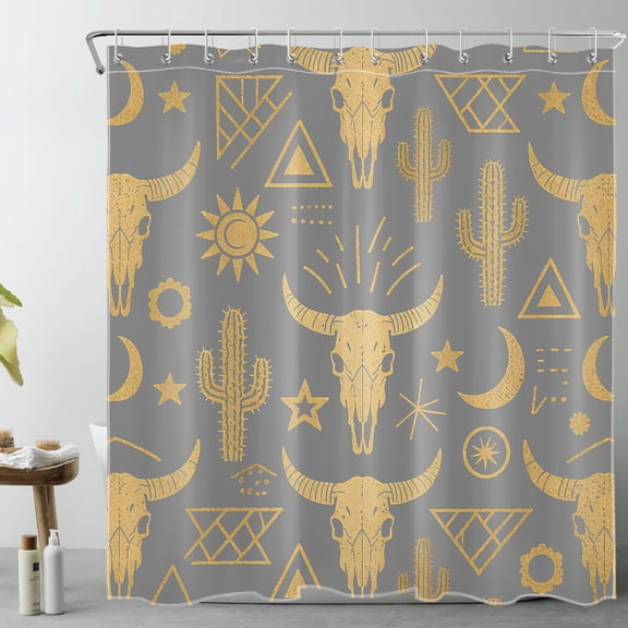 HVEST Western Aztec Cow Skull Shower Curtain with Boho Cactus and Bull Skull Design - Grey and Gold Bathroom Decor, Waterproof Polyester Fabric, Includes 12 Hooks, 72x72 Inches