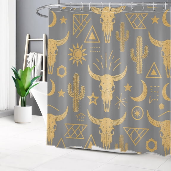 HVEST Western Aztec Cow Skull Shower Curtain with Boho Cactus and Bull Skull Design - Grey and Gold Bathroom Decor, Waterproof Polyester Fabric, Includes 12 Hooks, 72x78 Inches