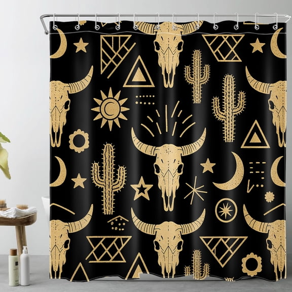 HVEST Western Cow Skull Shower Curtain with Boho Abstract Cactus Geometric Pattern Design - Black and Gold Bathroom Decor, Waterproof Polyester Fabric, Includes 12 Hooks, 72x72 Inches