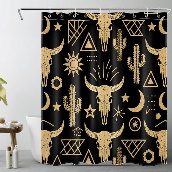 HVEST Western Cow Skull Shower Curtain with Boho Abstract Cactus Geometric Pattern Design - Black and Gold Bathroom Decor, Waterproof Polyester Fabric, Includes 10 Hooks, 60x72 Inches