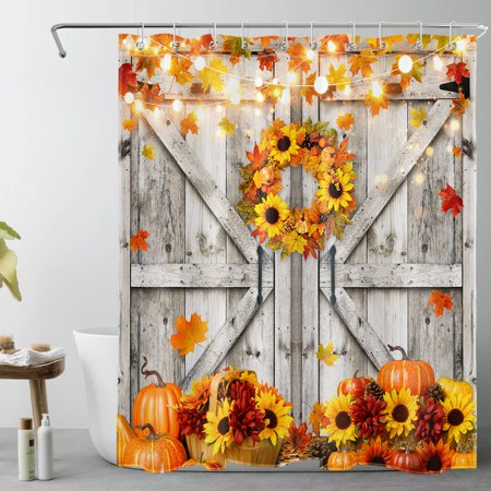 HVEST Western Fall Harvest Shower Curtain for Bathroom,Thanksgiving Orange Pumpkin Sunflower and Maple Leaf Fabric Shower Curtain with Hooks,Vintage Barn Door Bathroom Curtain Shower Set, 60x72 inches