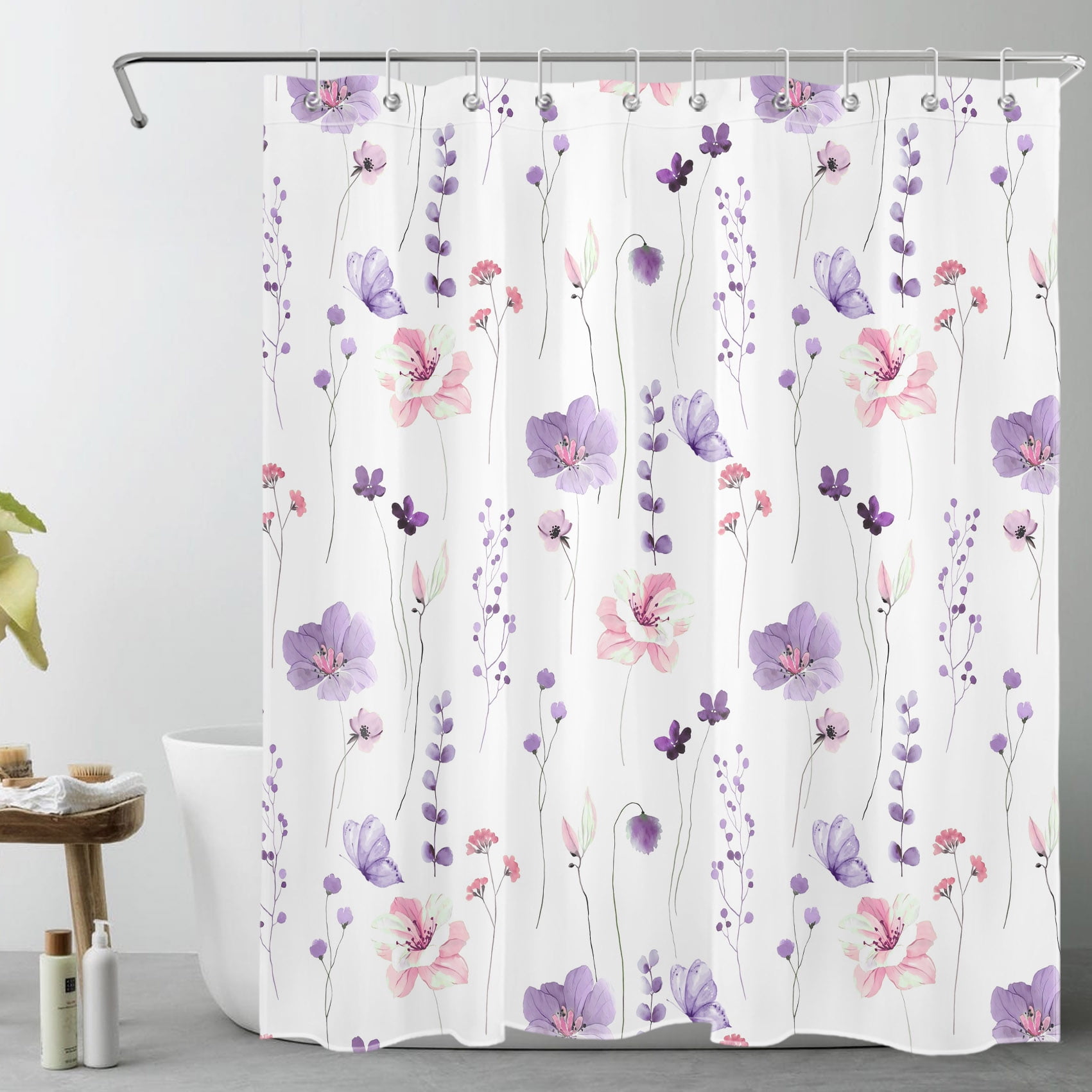 HVEST Wildflower and Butterfly Shower Curtain for Bathroom, Pink and Purple Floral with