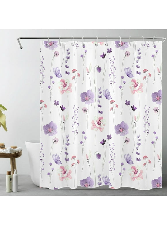 HVEST Wildflower and Butterfly Shower Curtain for Bathroom, Pink and Purple Floral with Eucalyptus Leaf on White Fabric Shower Curtain with Hooks, Botancial Bathroom Curtain Shower Set, 60x72 inch