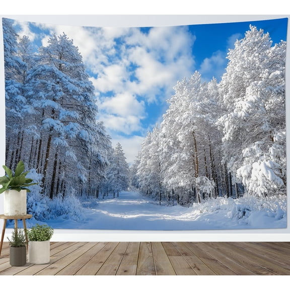 HVEST Winter Forest Snow Tapestry Wall Hanging Snowy Pine Tree Woodland Wall Tapestry for Bedroom White Cloud Landscape Tapestry for Living Room College Dorm Home Decor,60x40 inch