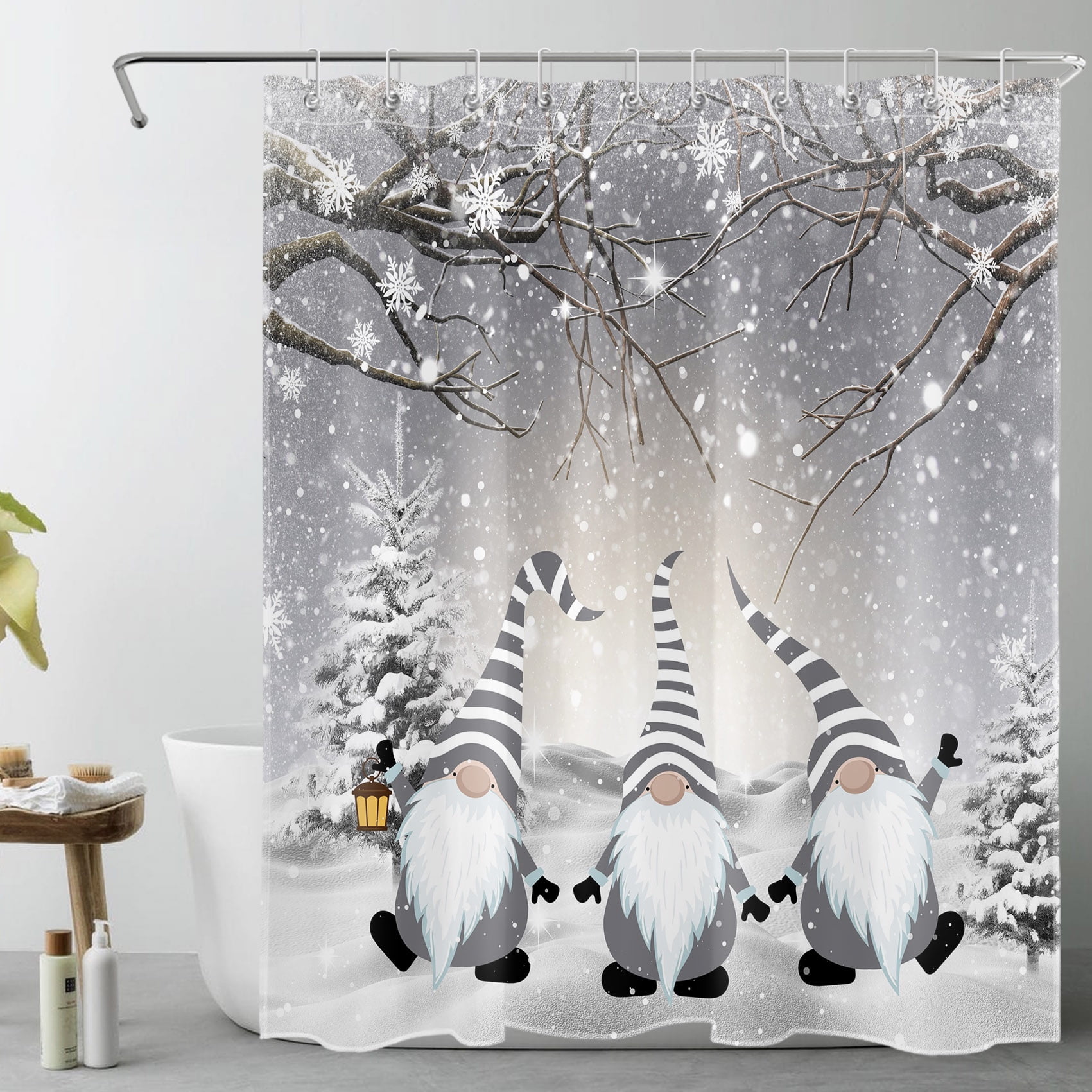 HVEST Winter Gnome Shower Curtain,Cute Dwarf and Snowflakes in the Snow