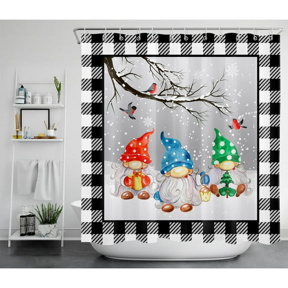 HVEST Winter Shower Curtain for Bathroom Decor,Gnome and Cardinals on Snow Shower Curtains,Black and White Checkered Polyester Waterproof Fabric Accessories Bath Curtain with Hooks,70x69 Inches