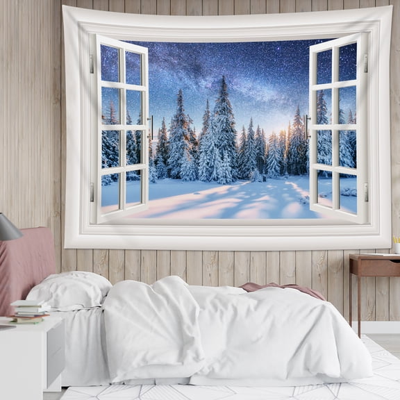 HVEST Winter Snow Forest Tapestry Wall Hanging Winter Window Pine Tree Forest Wall Tapestry for Bedroom Fantasy Galaxy Sky Tapestry for Living Room College Dorm Home Decor,80x60 inch