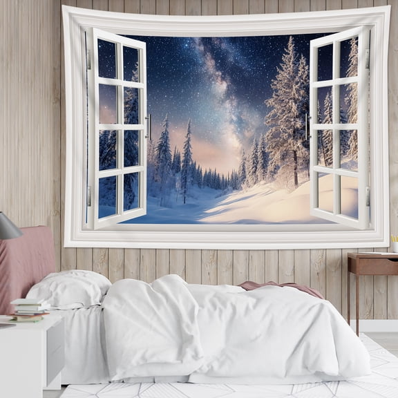 HVEST Winter Snow Forest Tapestry Wall Hanging Winter Window Snow Pine Tree Forest Wall Tapestry for Bedroom Galaxy Sky Tapestry for Living Room College Dorm Home Decor,80x60 inch