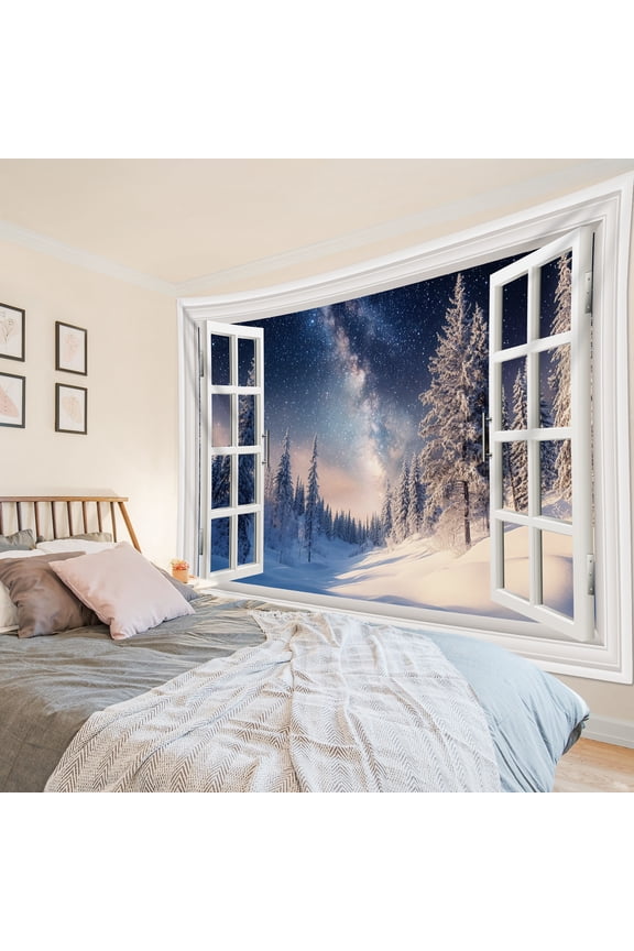 Winter Snow Forest Tapestry Wall Hanging Winter Window Snow Pine Tree Forest Wall Tapestry for Bedroom Galaxy Sky Tapestry for Living Room College Dorm Home Decor,92.5x70.9 inch