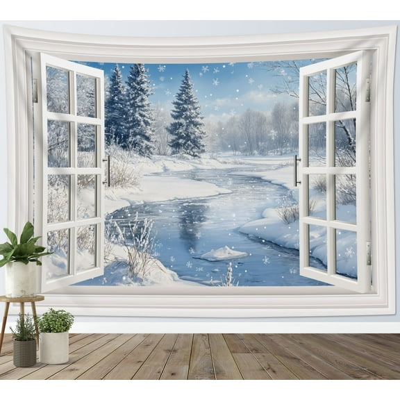 HVEST Winter Snow Forest Tapestry Wall Hanging Winter Window Snow Pine Tree Scene Wall Tapestry for Bedroom Christmas Nature Forest Tapestry for Living Room College Dorm Home Decor,60x40 inch