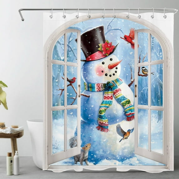 HVEST Winter Snow Shower Curtain,Snowman Cardinals and Squirrel in the Snow Outside the Window Bathroom Shower Curtain Merry Christmas Polyester Fabric Decor Curtain with Hooks, 60X72 inch