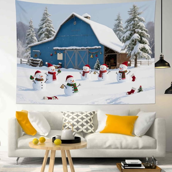 HVEST Winter Snowman Barn Tapestry Wall Hanging Pine Tree Covered in Snow Wall Tapestry for Bedroom Winter Xmas Tapestry for Living Room College Dorm Home Decor,59x51 inch
