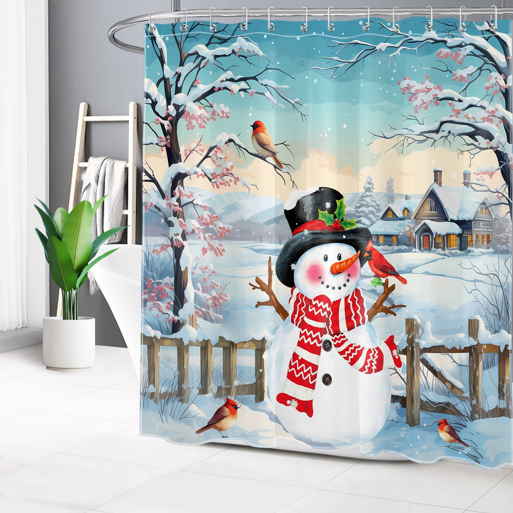 HVEST Winter Snowman Shower Curtain for Bathroom, Christmas Cardinal