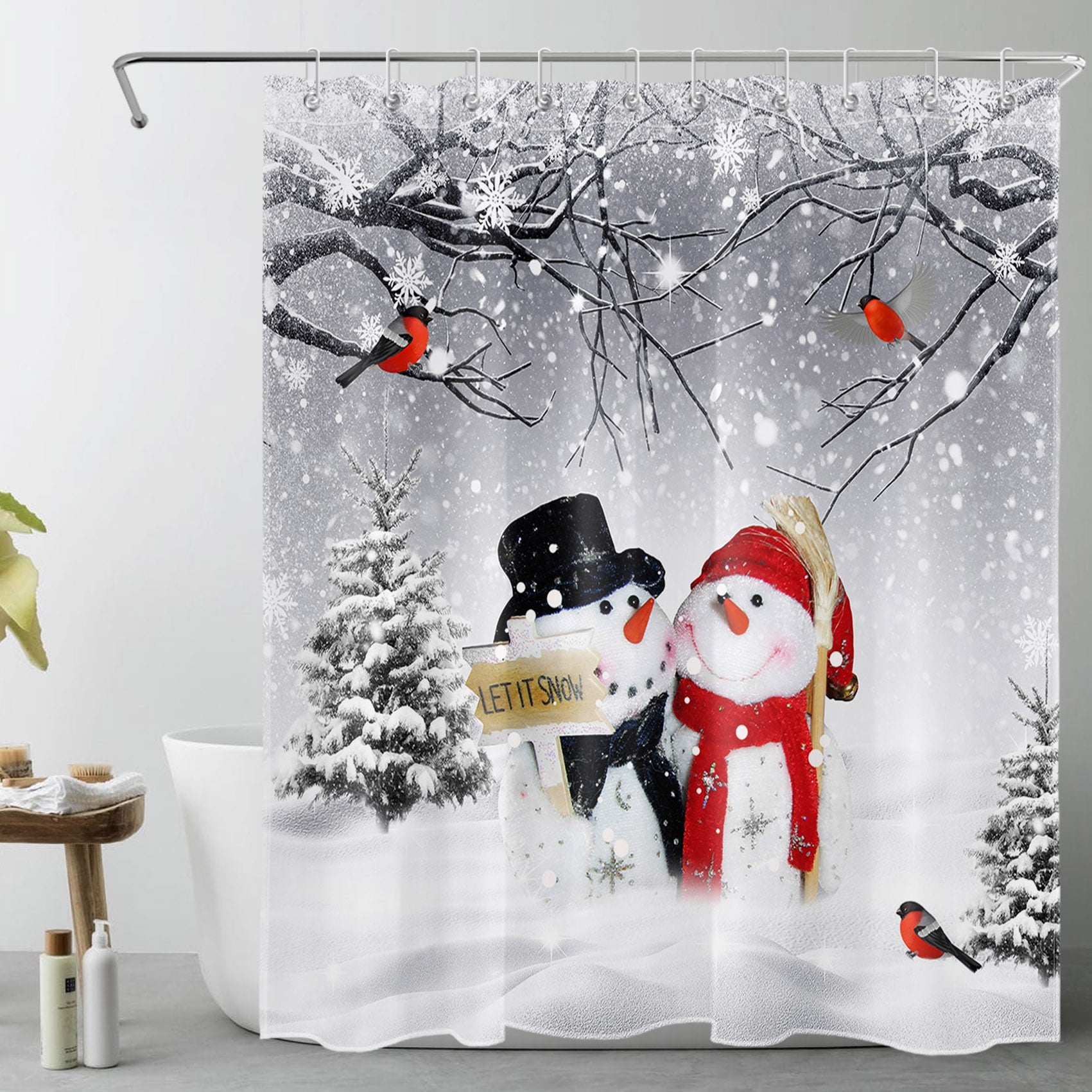 HVEST Winter Snowman Shower Curtain, Snowman Cardinals and Cedar in the