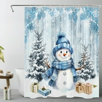 HVEST Winter Snowman Shower Curtain Christmas Tree with Blue Snowman and Christmas Gift Box Shower Curtain for Bathroom Blue Winter Snow Scene Bathroom Shower Curtain with Hooks, 60 x 72 Inch