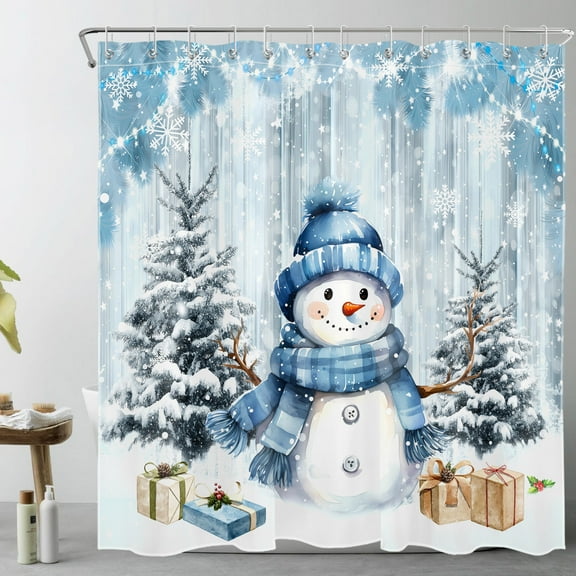 HVEST Winter Snowman Shower Curtain Christmas Tree with Blue Snowman and Christmas Gift Box Shower Curtain for Bathroom Blue Winter Snow Scene Bathroom Shower Curtain with Hooks,72 x 78 Inch