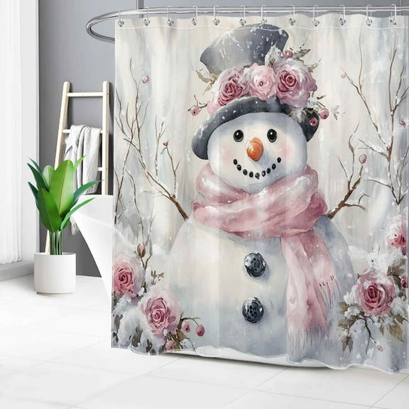 HVEST Winter Snowman Shower Curtain with Pink Floral and Cute Snowman Design - Watercolor Rustic Bathroom Decor, Waterproof Polyester Fabric, Includes 12 Hooks, 72x78 Inches