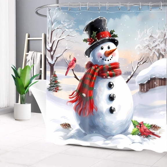 HVEST Winter Snowman Shower Curtain Snowman Christmas Tree and Cardinal in Snow Shower Curtain for Bathroom Winter Snow Scene Bathroom Shower Curtain with Hooks,72 x 72 Inch