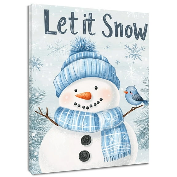 HVEST Winter Snowman Wall Art Blue Christmas Snowman Snowflake Canvas Wall Art Rustic Winter Framed Wall Decor for Living Room Bedroom Home, 8 X 10 inches