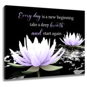 HVEST Zen Floral Wall Art Inspirational Quotes with Water Lily Canvas Wall Art Yoga Spa Purple Black Framed Wall Decor for Living Room Bathroom Bedroom Home, 16 X 12 inches