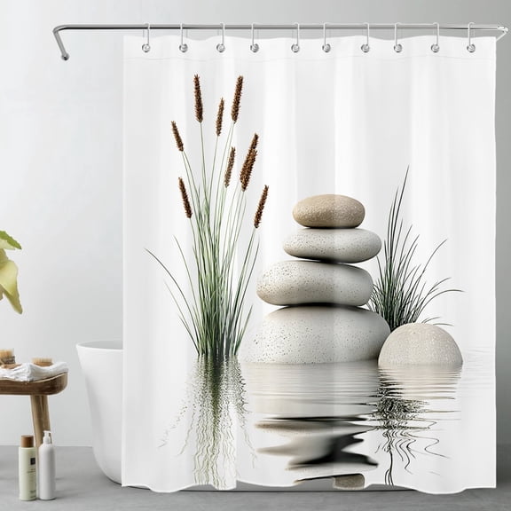 HVEST Zen Stone Shower Curtain, Stones and Wild Grass in Water Shower Curtain - Modern Spa Yoga Bathroom Decor, Waterproof Polyester Fabric, Includes 10 Hooks, 60x72 Inches