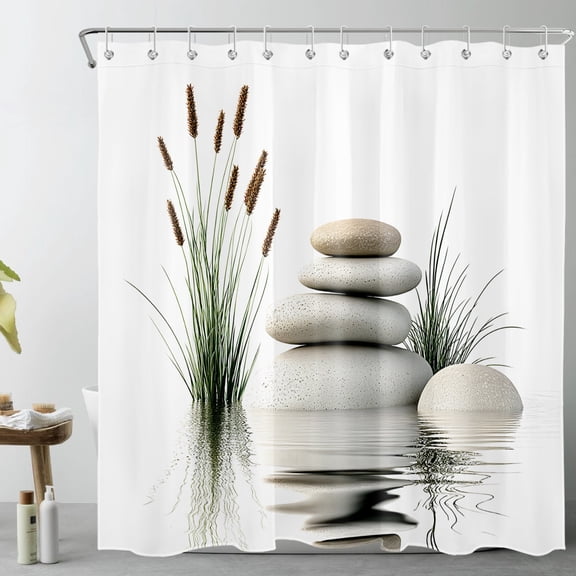 HVEST Zen Stone Shower Curtain, Stones and Wild Grass in Water Shower Curtain - Modern Spa Yoga Bathroom Decor, Waterproof Polyester Fabric, Includes 12 Hooks, 72x72 Inches